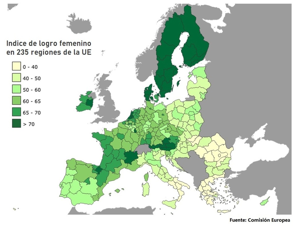 Mapa de Índice de logro femenino en las 235 regiones de la Unión Europea