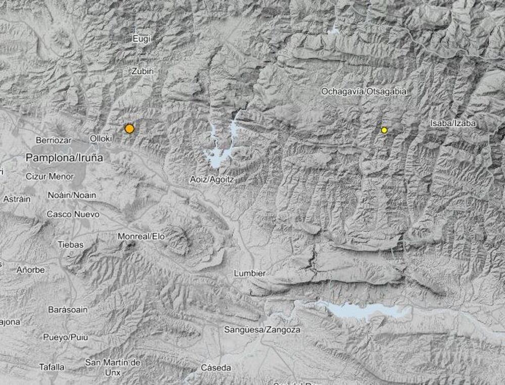 Registrado un movimiento sísmico de 2,4 grados con epicentro en el valle Egüés (círculo naranja)