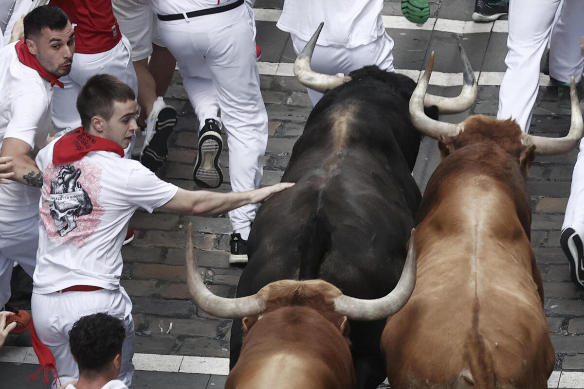 Los toros de Domingo Hernández en el quinto encierro de los Sanfermines  / EFE