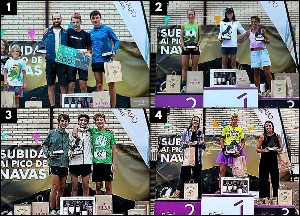 1. Bellido, Fabián Venero y Andueza, podio masculino absoluto. 2. Izaskun Olleta, Inés Astrain y Esther Pérez, podio femenino absoluto. 3. Alonso, Diego e Iván en el podio masculino local. 4. Laura, Sandra y Elena, las mejores en local femenino